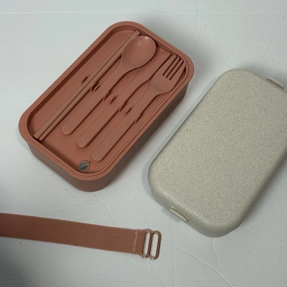 Our Place Layered Lunch Box w/Clips & Utensils Pink Rose Gold Bento Meal Prep